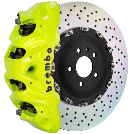 Brembo GT Series 8-Piston Front Big Brake Kit with 16.20-Inch 2-Piece Cross Drilled Rotors; Fluorescent Yellow Calipers (21-26 F-150, Excluding Raptor)