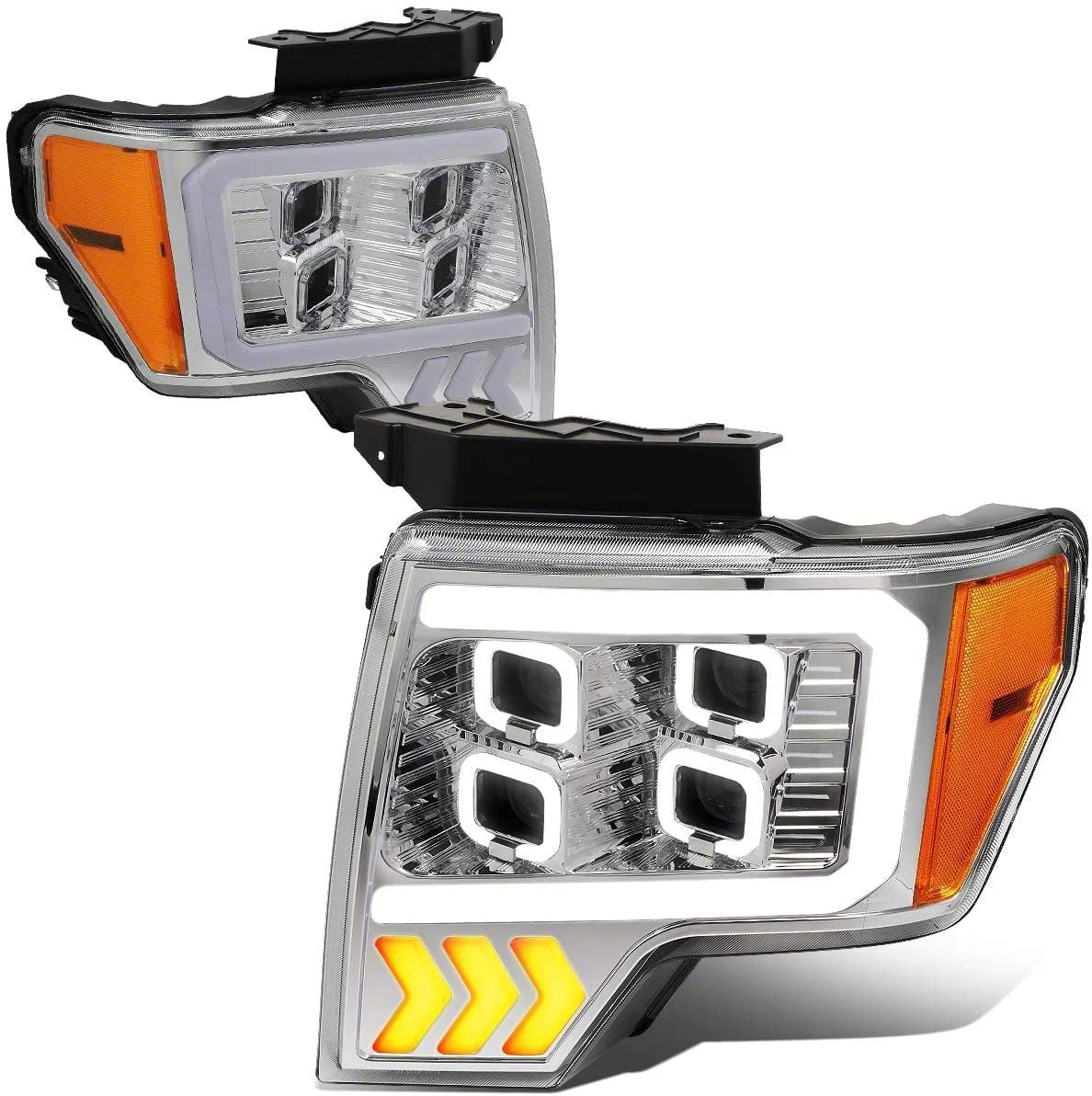 LED DRL Quad Projector Headlights with Amber Corner Lights; Chrome Housing; Smoked Lens (09-14 F-150 w/ Factory Halogen Headlights)