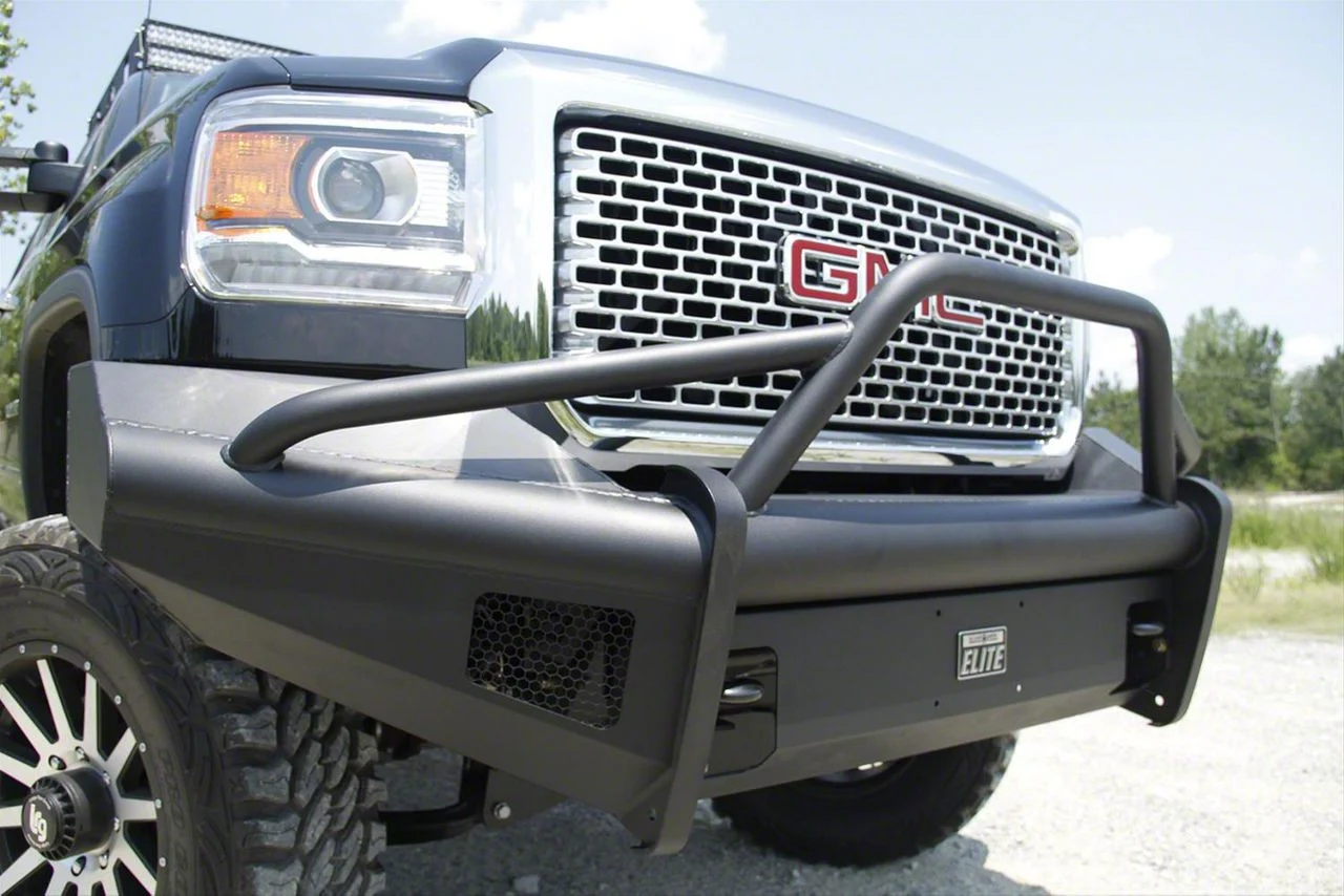 Fab Fours Black Steel Elite Front Bumper with Pre-Runner Guard; Matte Black (15-19 Sierra 2500 HD)