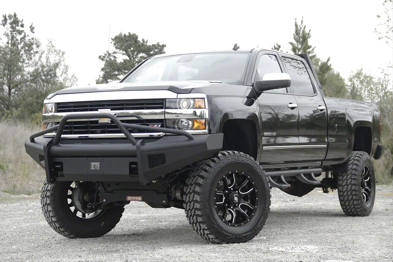 Fab Fours Black Steel Elite Front Bumper with Pre-Runner Guard; Matte Black (15-19 Silverado 2500 HD)