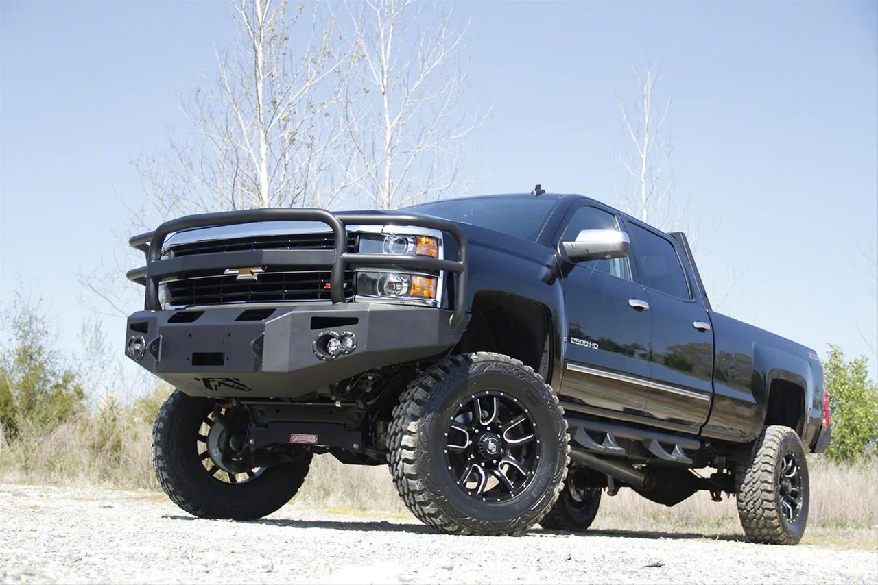 Fab Fours Premium Heavy Duty Winch Front Bumper with Full Guard; Not Pre-Drilled for Front Parking Sensors; Bare Steel (15-19 Silverado 3500 HD)