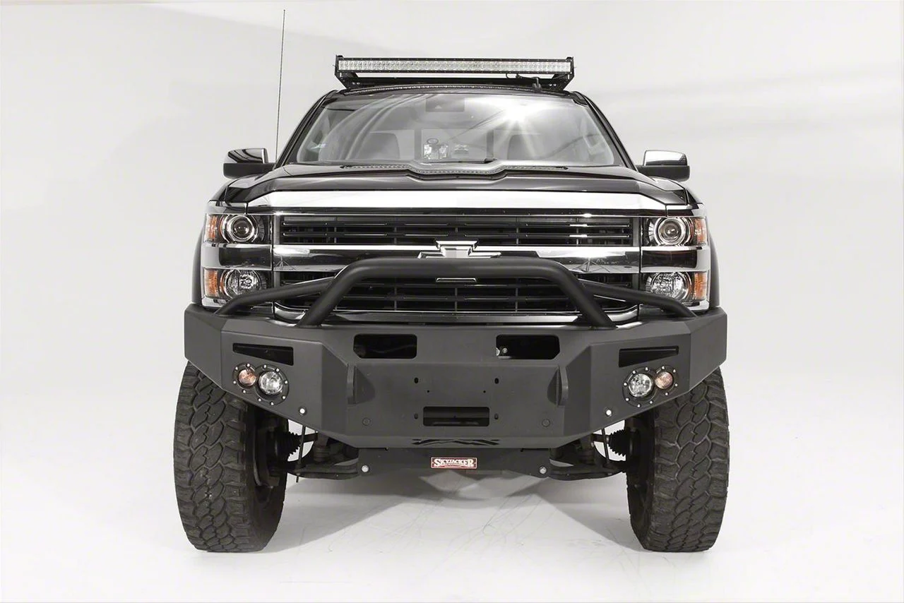 Fab Fours Premium Heavy Duty Winch Front Bumper with Pre-Runner Guard; Pre-Drilled for Front Parking Sensors; Matte Black (15-19 Silverado 3500 HD)