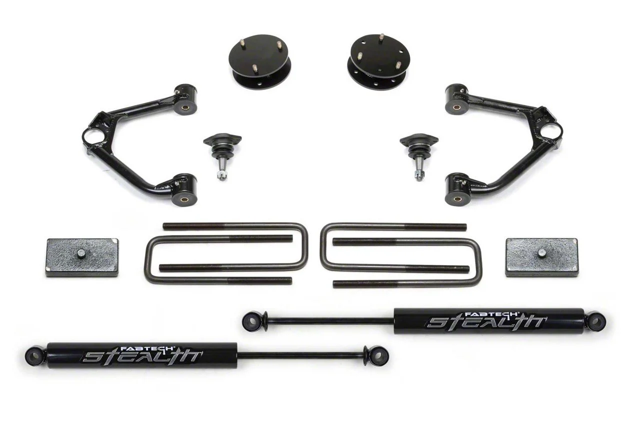 Fabtech 3-Inch Ball Joint Upper Control Arm Lift Kit with Rear Stealth Shocks (19-24 Sierra 1500 Double Cab, Crew Cab, Excluding AT4 & Denali)
