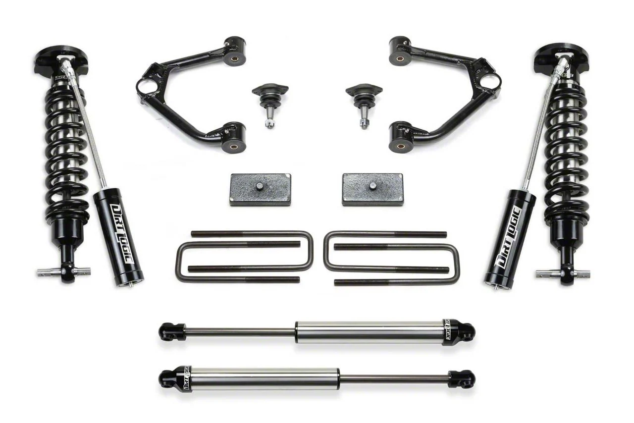 Fabtech 3-Inch Ball Joint Upper Control Arm Lift Kit with Dirt Logic 2.5 Reservoir Coil-Overs and Dirt Logic 2.25 Shocks (19-24 Sierra 1500 Double Cab, Crew Cab, Excluding AT4, Denali & Diesel)