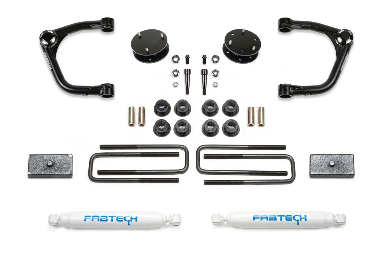 Fabtech 3-Inch Uniball Upper Control Arm Lift Kit with Performance Shocks (19-24 Sierra 1500 Double Cab, Crew Cab, Excluding AT4, Denali & Diesel)