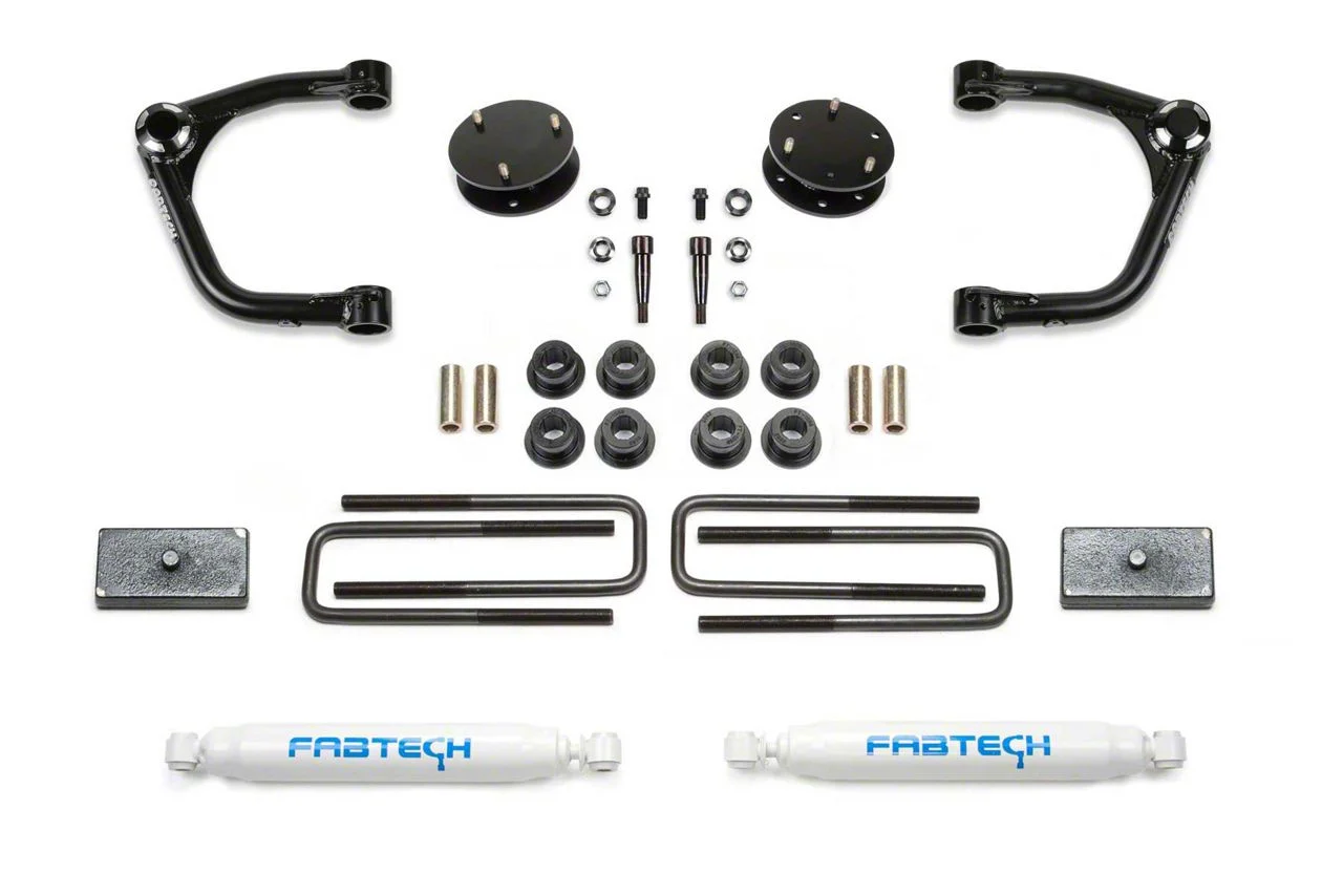 Fabtech 3-Inch Uniball Upper Control Arm Lift Kit with Performance Shocks (19-24 Silverado 1500 Double Cab, Crew Cab, Excluding Diesel & Trail Boss)