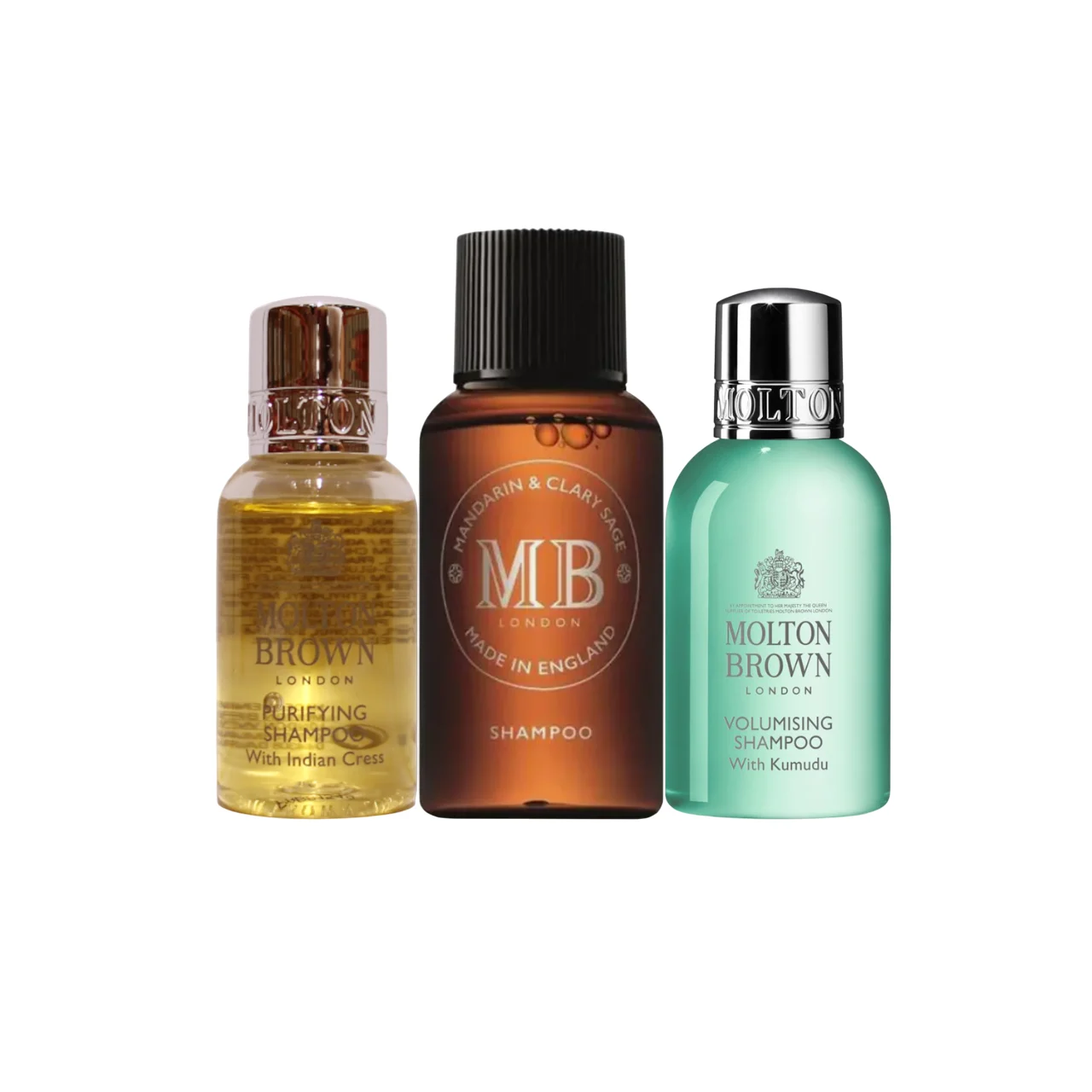 Set Discovery Molton Brown: Indian Cress, shampoo per capelli, per purificare, 30 ml + Molton Brown, Kumudu, shampoo per capelli, per volume, 30 ml + mandarino e salvia sclarea, shampoo per capelli, per volume, 30 ml