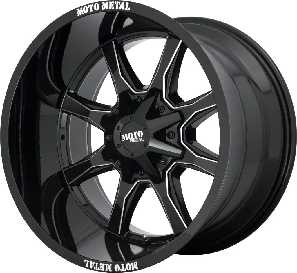 Moto Metal MO970 Gloss Black with Milled Spoke 8-Lug Wheel; 20x10; -18mm Offset (15-19 Sierra 2500 HD)