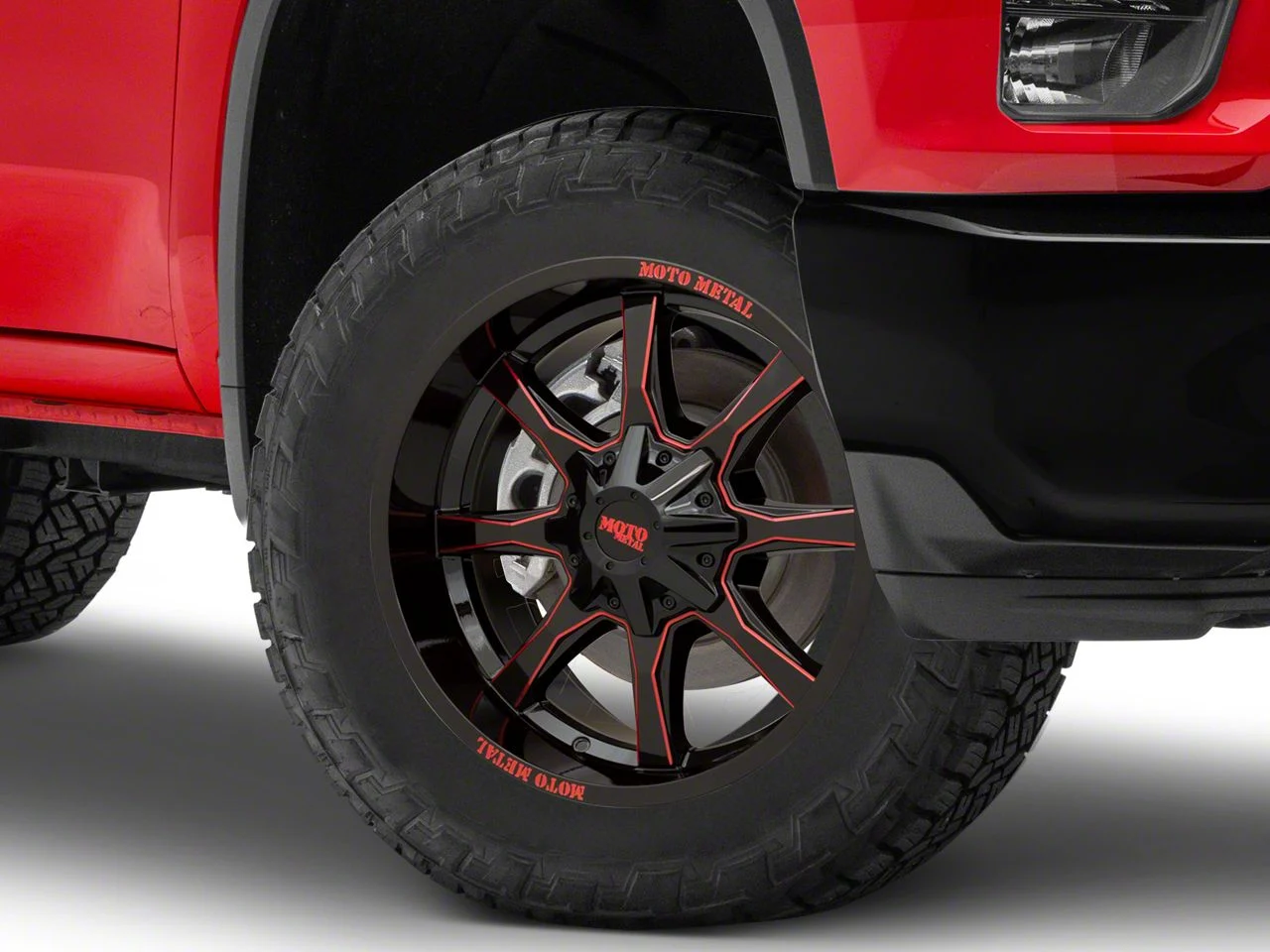 Moto Metal MO970 Gloss Black Milled with Red Tint 8-Lug Wheel; 20x10; -18mm Offset (20-26 Silverado 3500 HD SRW)