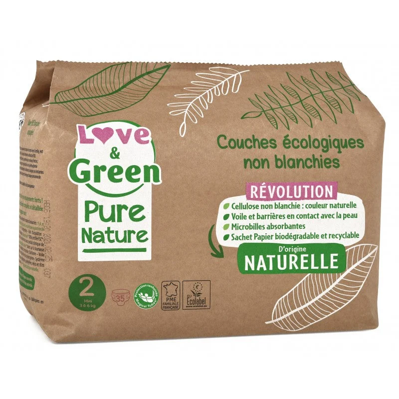 Love&Green Pure Nature - Pannolini ecologici non sbiancati - Taglia 2 - 3 a 6kg - 35 strati