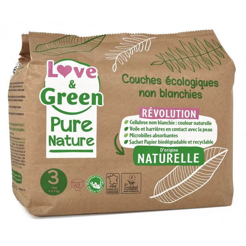 Love&Green Pure Nature - Pannolini ecologici non sbiancati - Taglia 3 - 4 - 9 kg - 42 strati