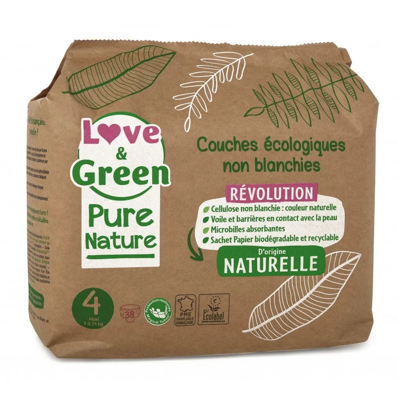 Love&Green Pure Nature - Pannolini ecologici non sbiancati - Taglia 4 - 7 - 14kg - 38 strati