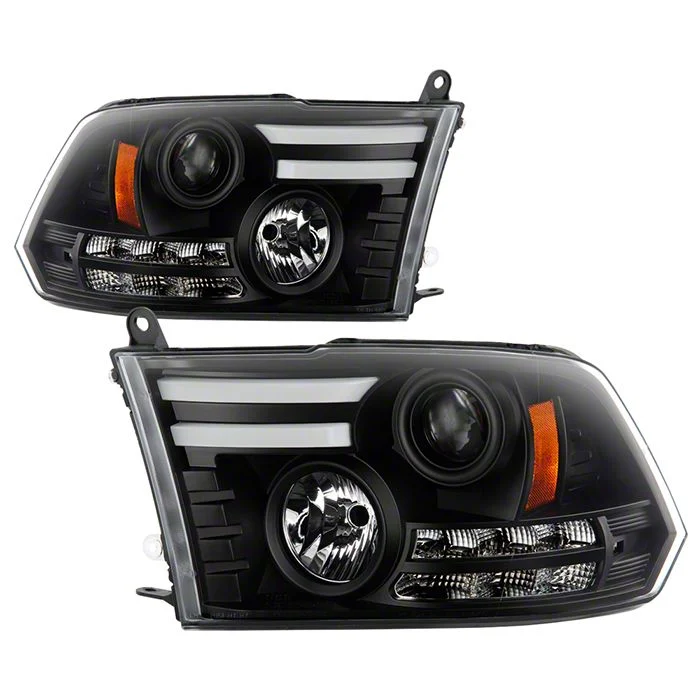 Light Bar DRL Projector Headlights; Black Housing; Clear Lens (10-18 RAM 3500 w/ Factory Halogen Non-Projector Headlights)