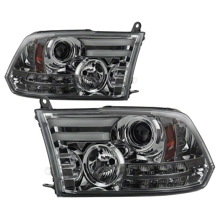 Light Bar DRL Projector Headlights; Chrome Housing; Smoked Lens (13-18 RAM 3500 w/ Factory Halogen Projector Headlights)