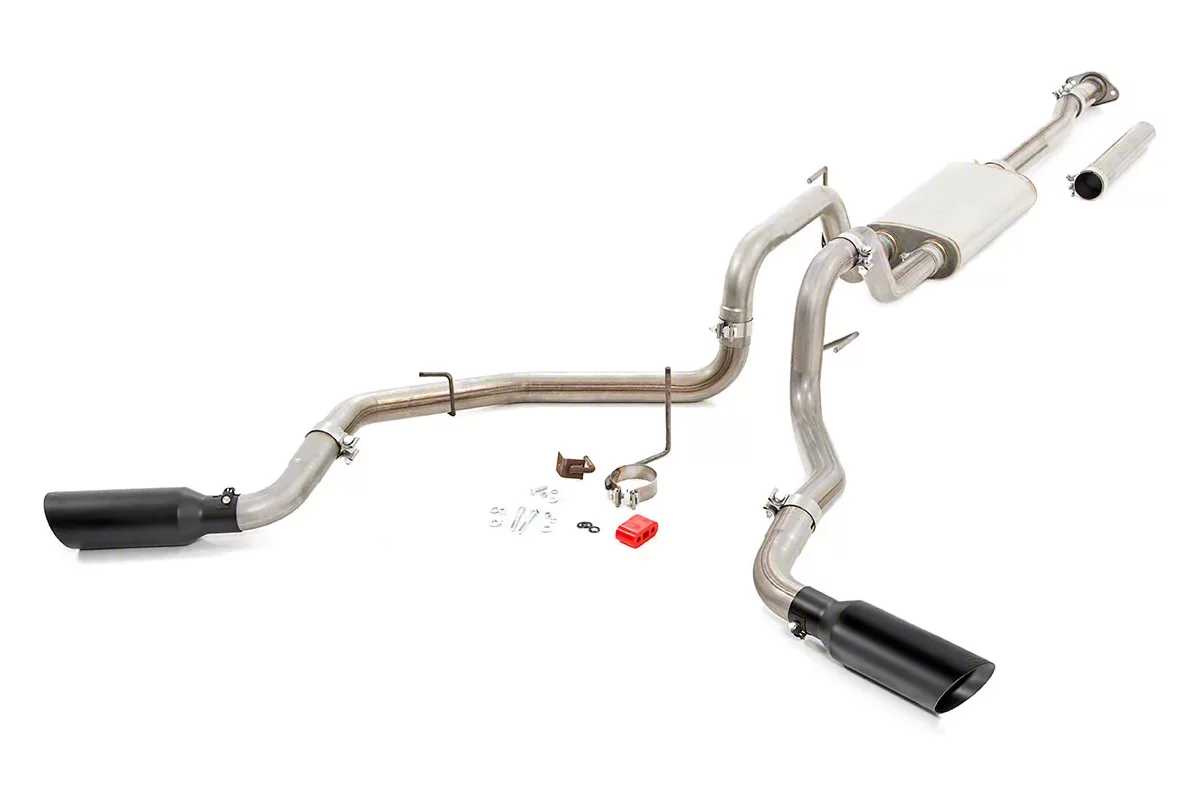 Rough Country Dual Exhaust System with Black Tips; Side Exit (15-20 5.0L F-150)