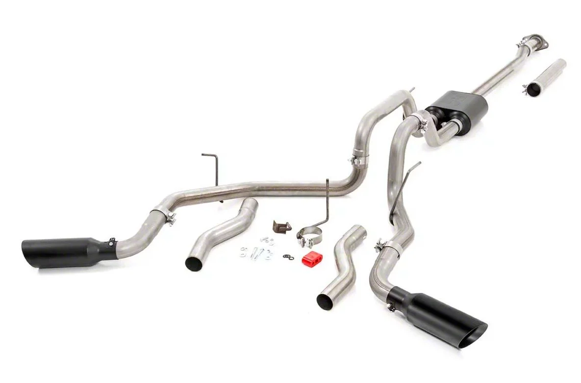 Rough Country Dual Exhaust System with Black Tips; Side/Rear Exit (11-14 5.0L F-150)