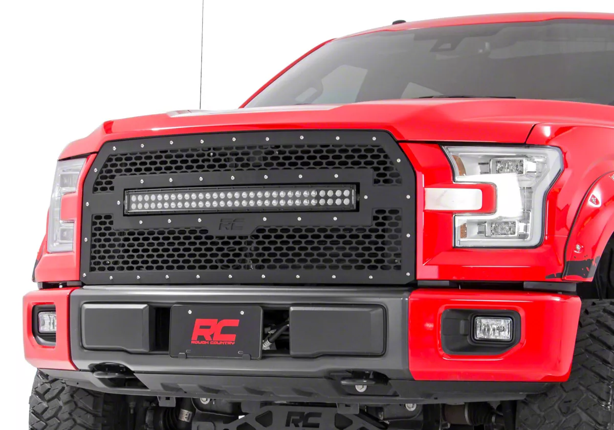 Rough Country Offroad Mesh Upper Replacement Grille with Black Series Amber DRL LED Light Bar; Black (15-17 F-150, Excluding Raptor)