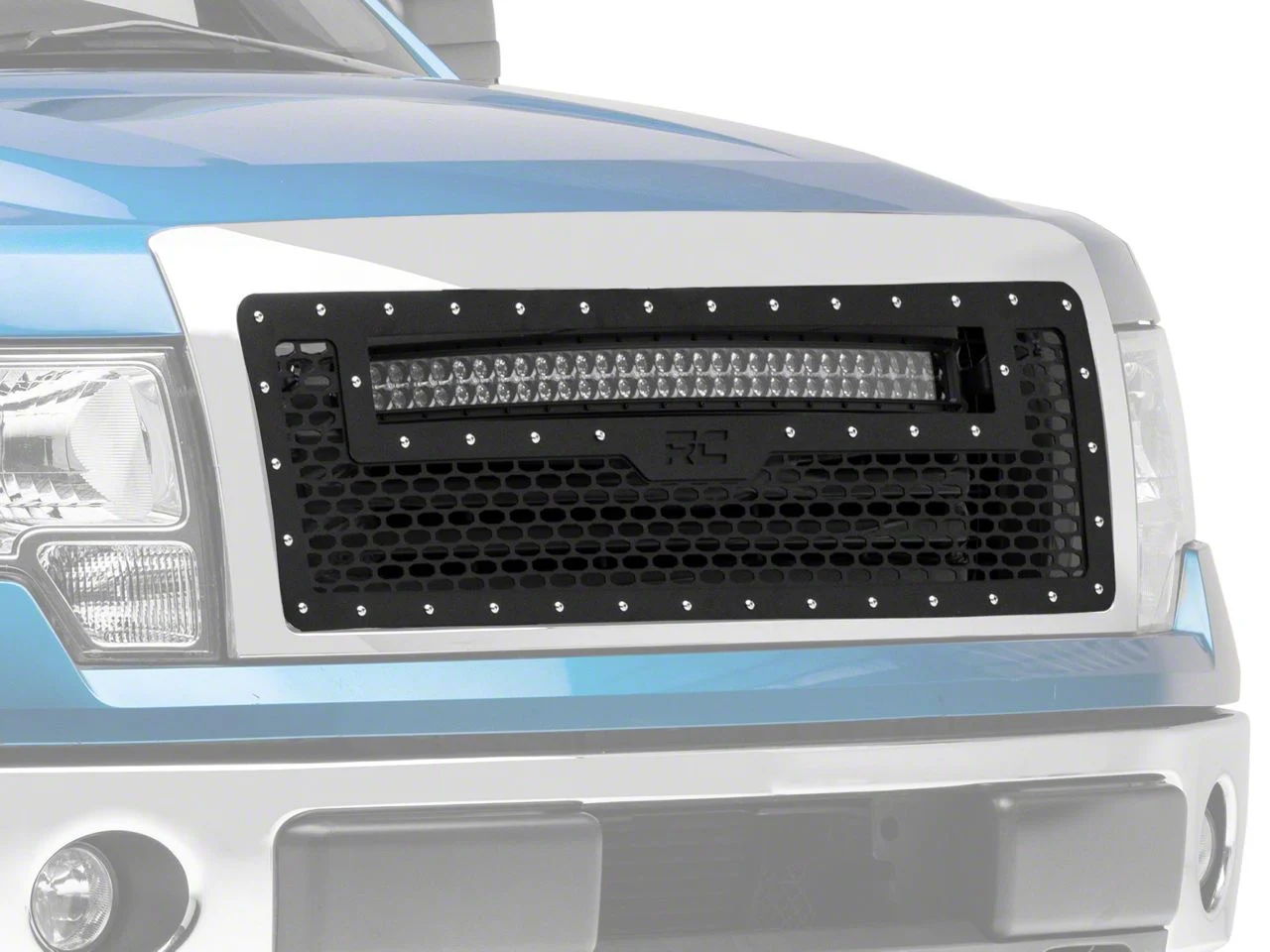 Rough Country Mesh Upper Grille Insert with 30-Inch Black Series Cool White DRL LED Light Bar; Black (09-14 F-150, Excluding Raptor)
