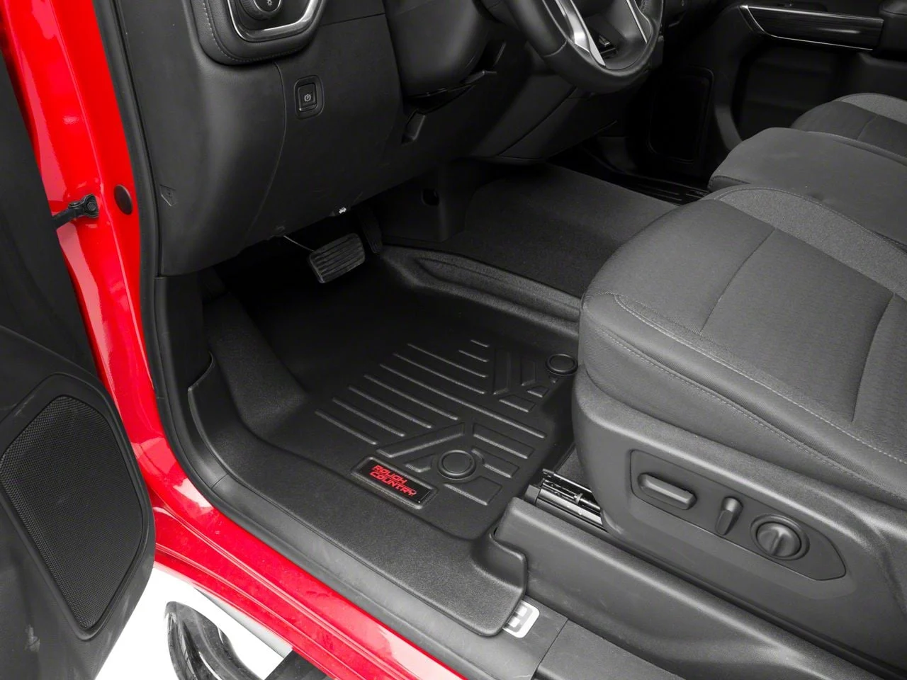 Rough Country Heavy Duty Front and Rear Floor Mats; Black (19-26 Sierra 1500 Crew Cab w/ Front Bucket Seats & Under Seat Storage)