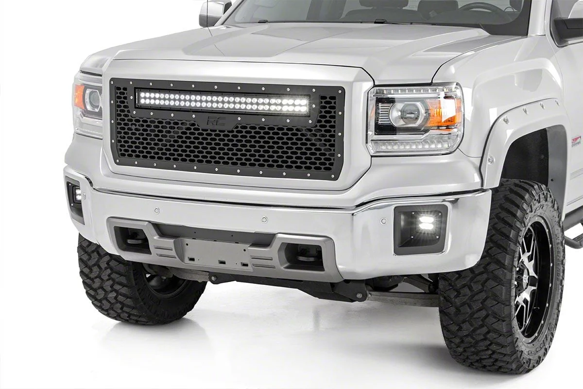 Rough Country Offroad Mesh Upper Replacement Grille with Black Series Amber DRL LED Light Bar; Black (14-15 Sierra 1500)