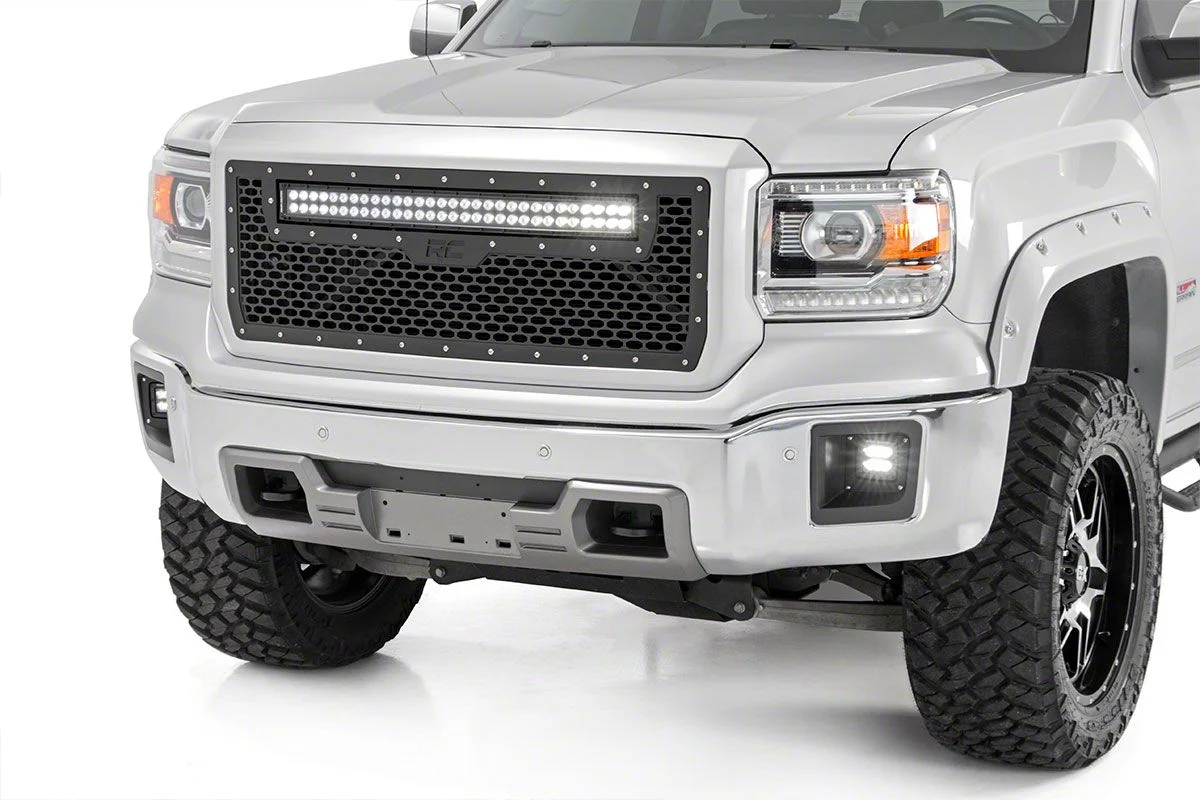 Rough Country Suspension Mesh Upper Replacement Grille with Black Series Cool White DRL LED Light Bar; Black (14-15 Sierra 1500)