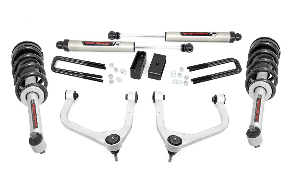 Rough Country 3.50-Inch Forged Upper Control Arm Suspension Lift Kit with N3 Struts and V2 Monotube Shocks (19-25 4.3L, 5.3L, 6.2L Silverado 1500 w/ Rear Multi-Leaf Pack Springs, Excluding Trail Boss & ZR2)