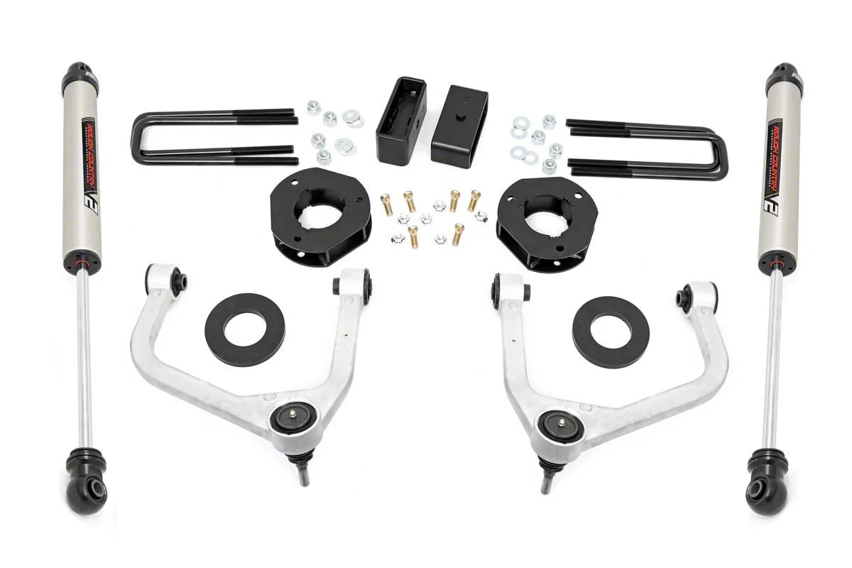 Rough Country 3.50-Inch Forged Upper Control Arm Suspension Lift Kit with Strut Spacers and V2 Monotube Shocks (19-25 4.3L, 5.3L, 6.2L Silverado 1500 w/ Rear Multi-Leaf Pack Springs, Excluding Trail Boss & ZR2)