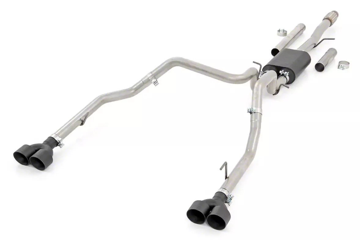Rough Country Dual Exhaust System with Black Tips; Rear Exit (19-26 5.3L Silverado 1500 w/ Factory Dual Exhaust)