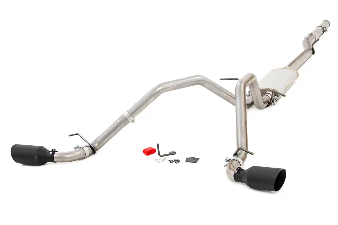 Rough Country Dual Exhaust System with Black Tips; Side Exit (14-18 5.3L Silverado 1500)