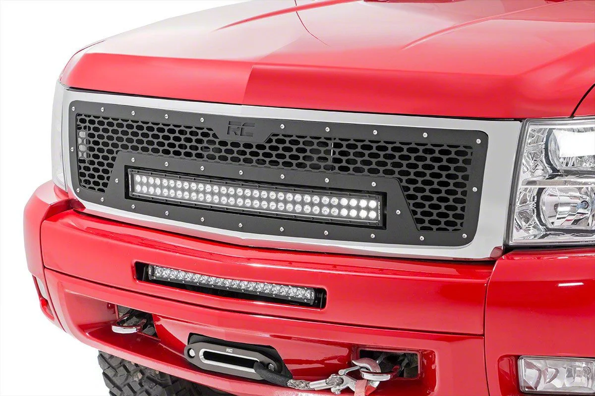 Rough Country Mesh Upper Replacement Grille with Black Series Amber DRL LED Light Bar; Black (07-13 Silverado 1500)