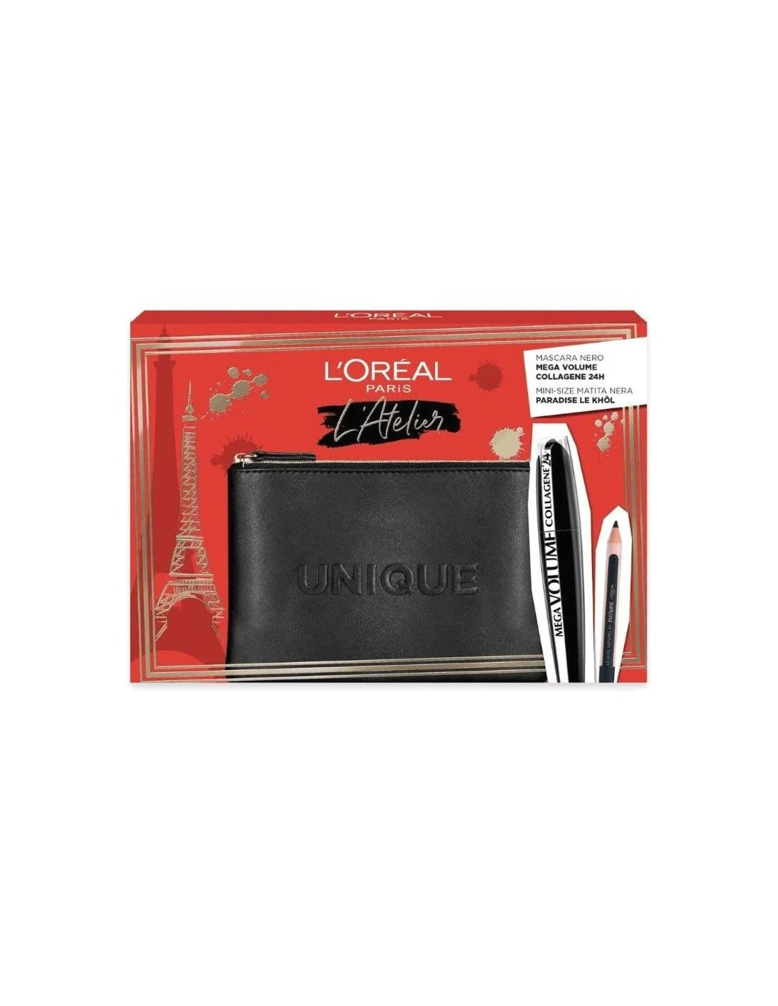 Set L'Oreal Paris: L'Oreal Paris Kajal Eye Pencil nero 1,5 g + Mega Volume Collagene 24 ore Mascara impermeabile Mega nero 9 ml + Trousse in tessuto nero
