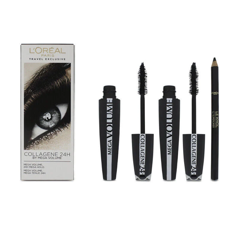 Set L'Oreal Paris: Mega Volume Collagene 24h Extra, Mascara, Nero, 2 pezzi, 9 ml + Contour Khol, Eyeliner Kohl, Nero, 1,2 g
