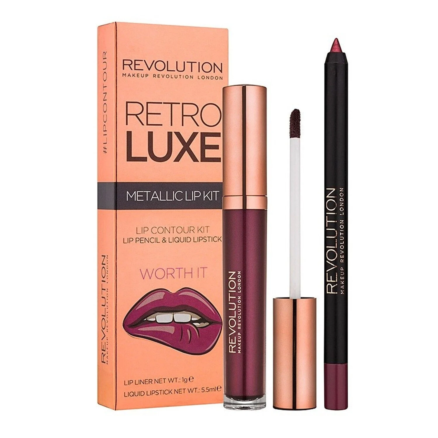 Set Makeup Revolution: Rossetto Liquido Metallico Retro Luxe da 55 ml + matita labbra Retro Luxe da 1 g