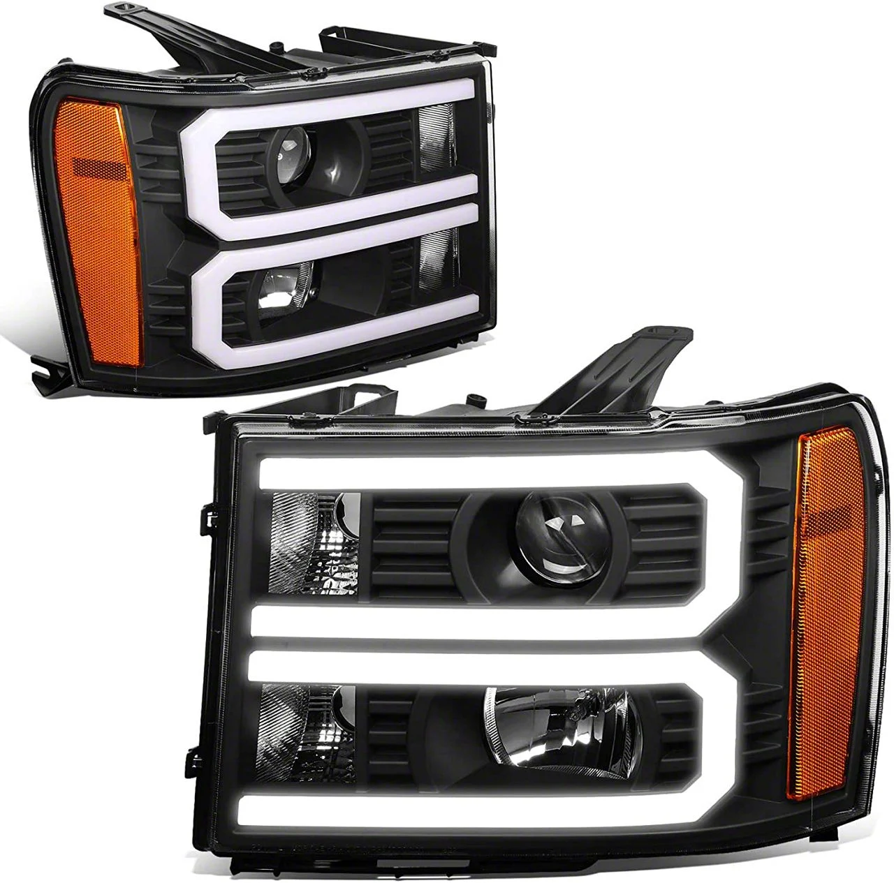 Dual U-Bar LED DRL Headlights with Amber Corners; Black Housing; Clear Lens (07-13 Sierra 1500)