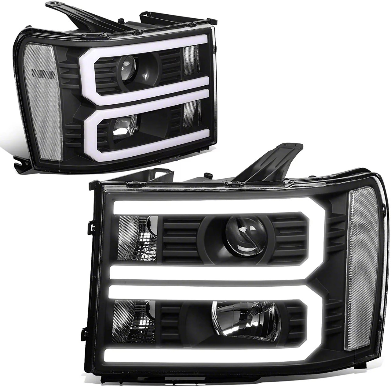 Dual U-Bar LED DRL Headlights with Clear Corners; Black Housing; Clear Lens (07-14 Sierra 2500 HD)