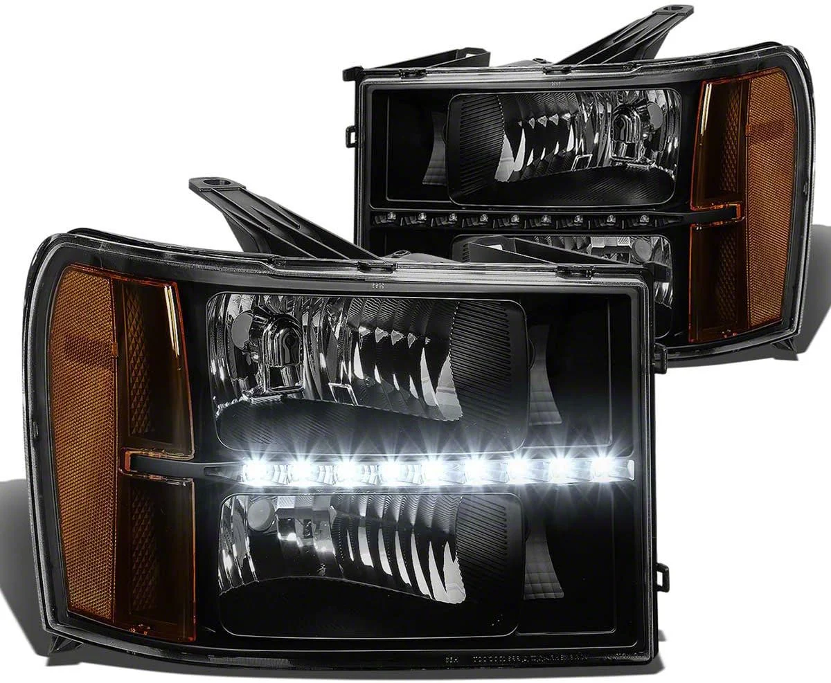 LED DRL Headlights with Amber Corner Lights; Black Housing; Clear Lens (07-14 Sierra 2500 HD)