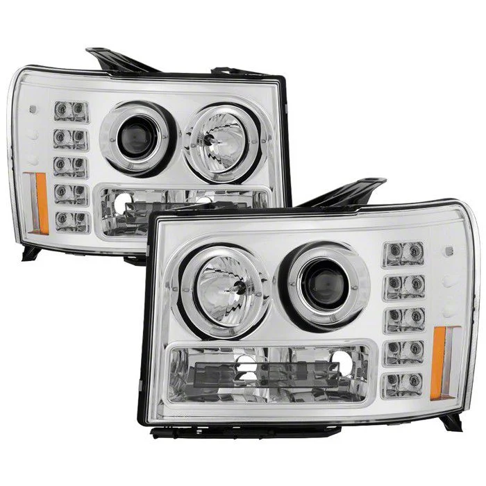 LED Halo Projector Headlights; Chrome Housing; Clear Lens (07-14 Sierra 2500 HD)