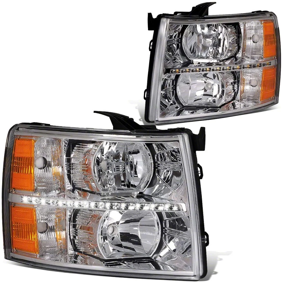 LED DRL Headlights with Amber Corner Lights; Chrome Housing; Clear Lens (07-13 Silverado 1500)