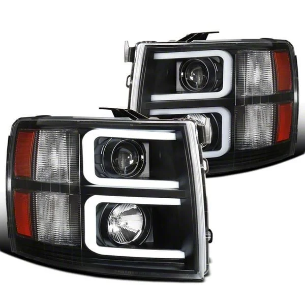 Dual LED C-Bar Projector Headlights; Matte Black Housing; Clear Lens (07-14 Silverado 2500 HD)