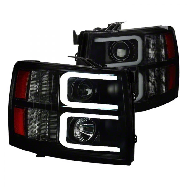 Dual LED C-Bar Projector Headlights; Black Housing; Smoked Lens (07-14 Silverado 2500 HD)