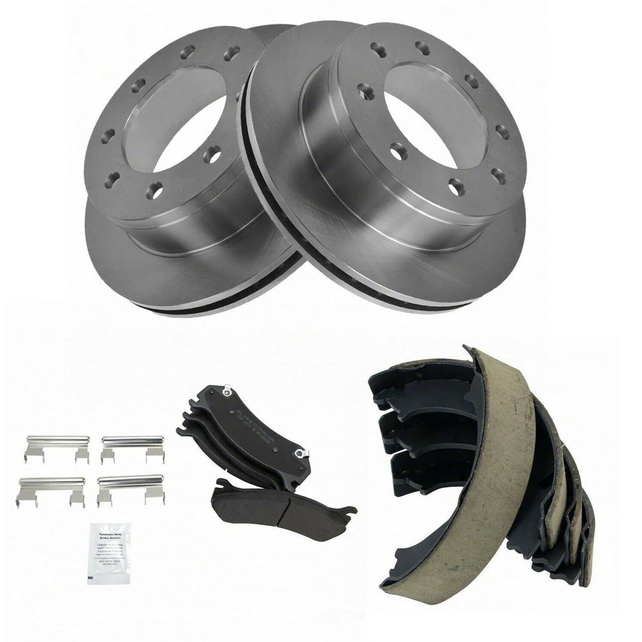 Semi-Metallic 8-Lug Brake Rotor, Pad and Parking Shoe Kit; Rear (07-09 Silverado 2500 HD)