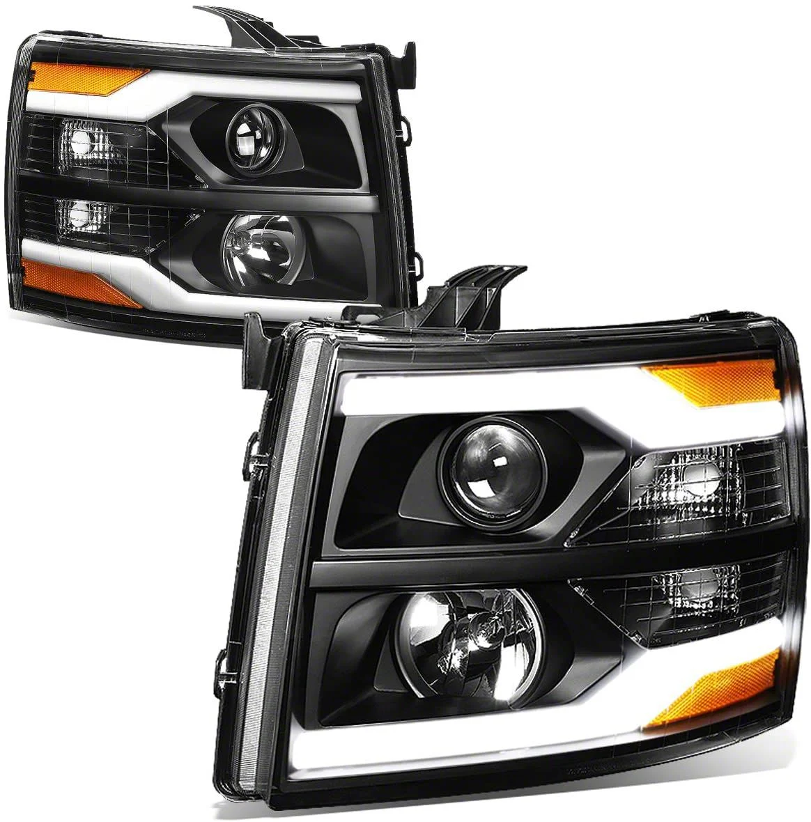 Dual LED DRL Projector Headlights with Amber Corner Lights; Black Housing; Clear Lens (07-14 Silverado 3500 HD)