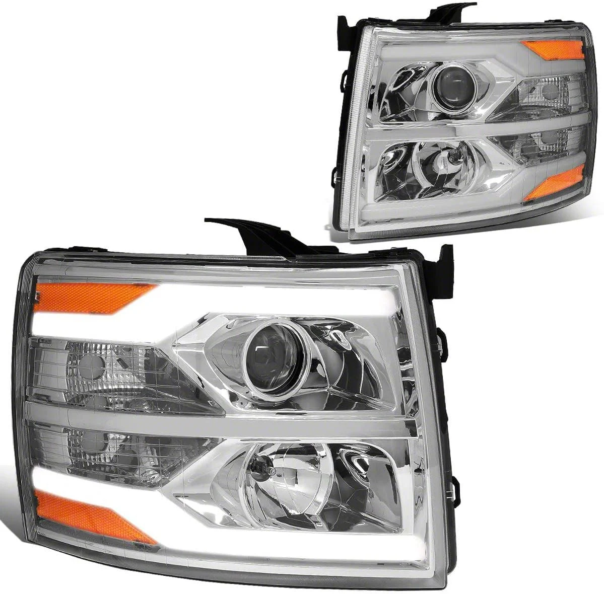 Dual LED DRL Projector Headlights with Amber Corner Lights; Chrome Housing; Clear Lens (07-14 Silverado 3500 HD)