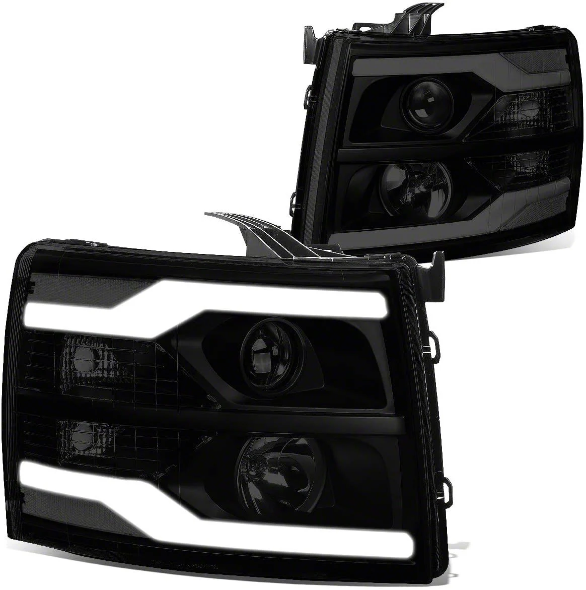 Dual LED DRL Projector Headlights with Clear Corner Lights; Black Housing; Smoked Lens (07-14 Silverado 3500 HD)