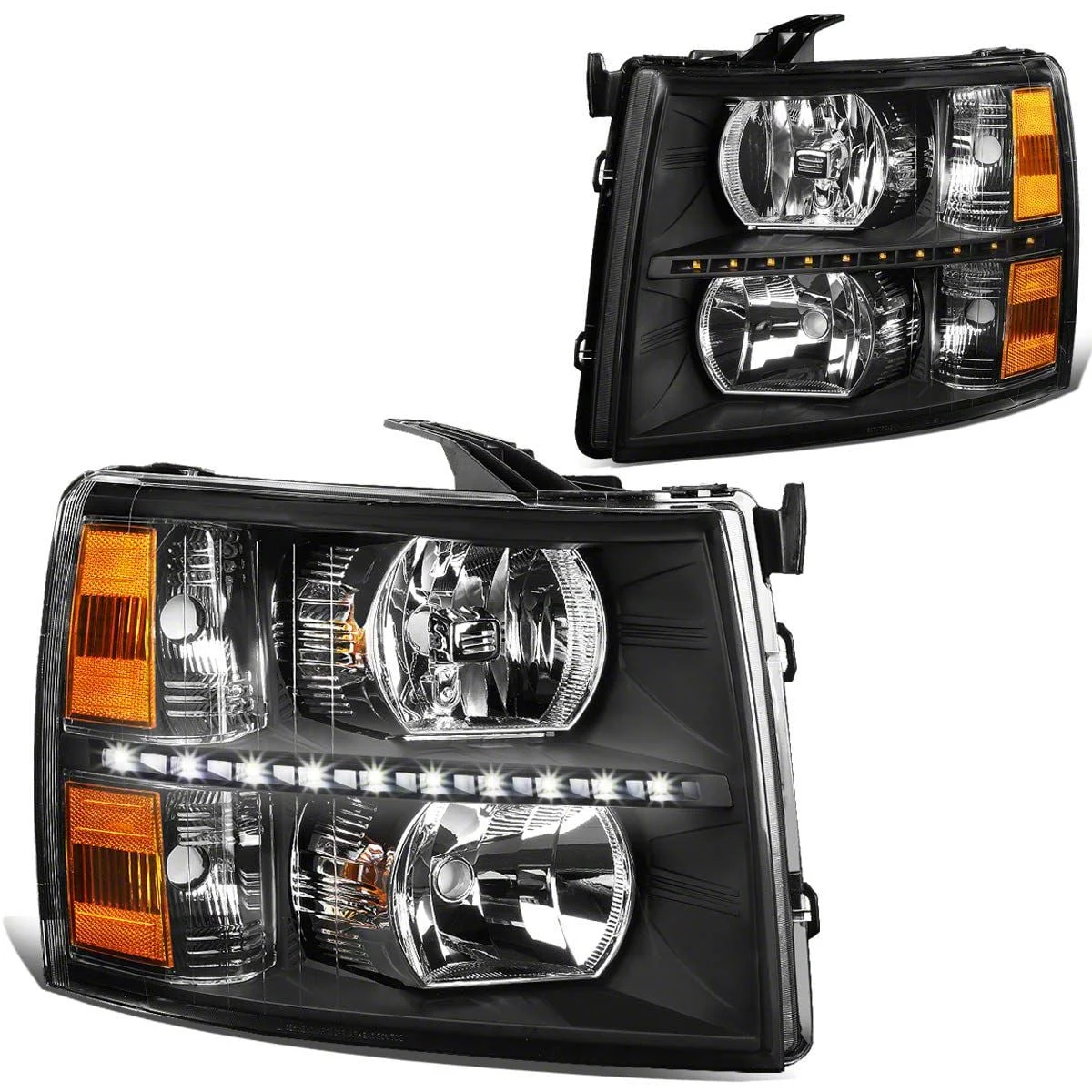 LED DRL Headlights with Amber Corner Lights; Black Housing; Clear Lens (07-14 Silverado 3500 HD)