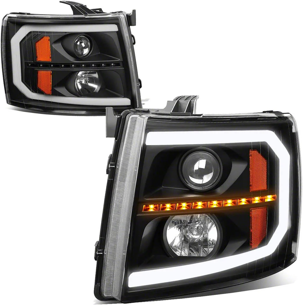 Sequential LED Turn Signal Projector Headlights with Amber Corner Lights; Black Housing; Clear Lens (07-14 Silverado 3500 HD)