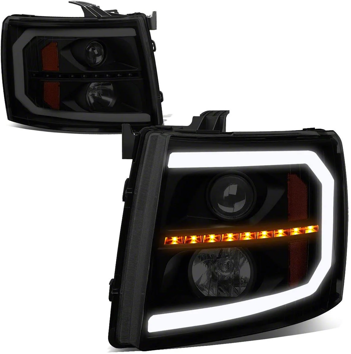 Sequential LED Turn Signal Projector Headlights with Amber Corner Lights; Black Housing; Smoked Lens (07-14 Silverado 3500 HD)