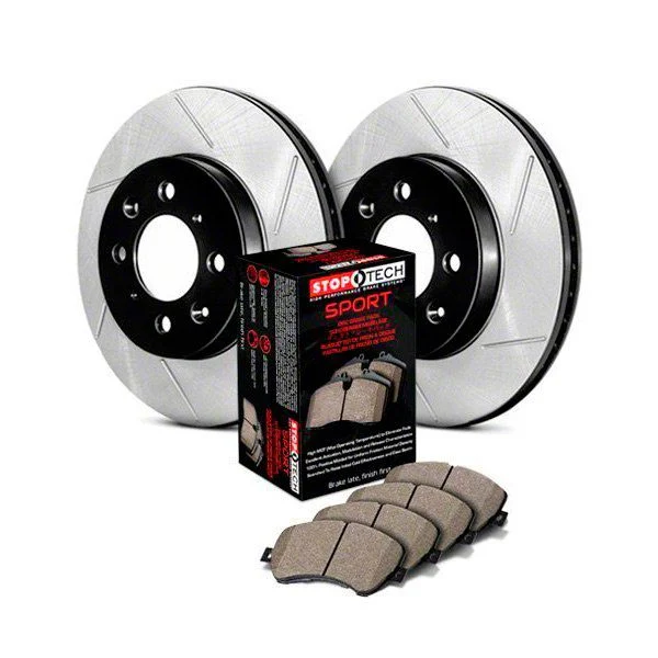 StopTech Sport Axle Slotted 8-Lug Brake Rotor and Pad Kit; Front (12-22 4WD F-250 Super Duty)