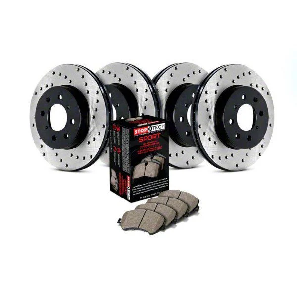 StopTech Sport Axle Drilled 5-Lug Brake Rotor and Pad Kit; Front and Rear (06-18 RAM 1500, Excluding SRT-10 & Mega Cab)
