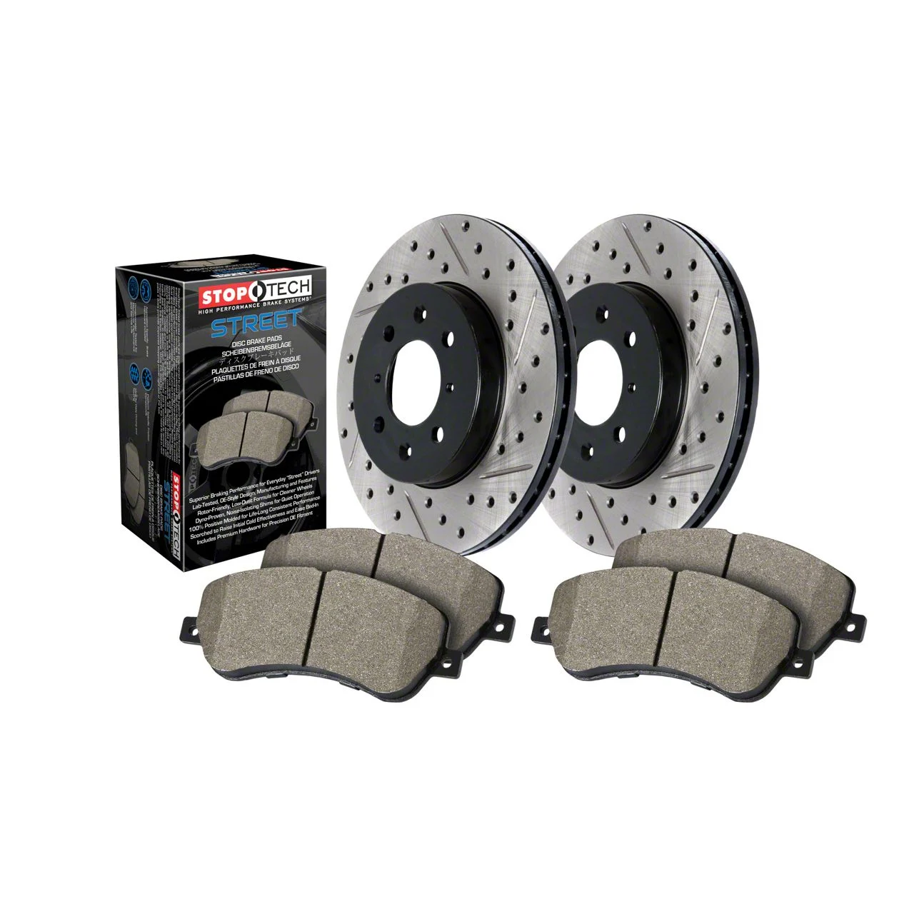 StopTech Street Axle Slotted and Drilled 8-Lug Brake Rotor and Pad Kit; Front (12-22 4WD F-250 Super Duty)
